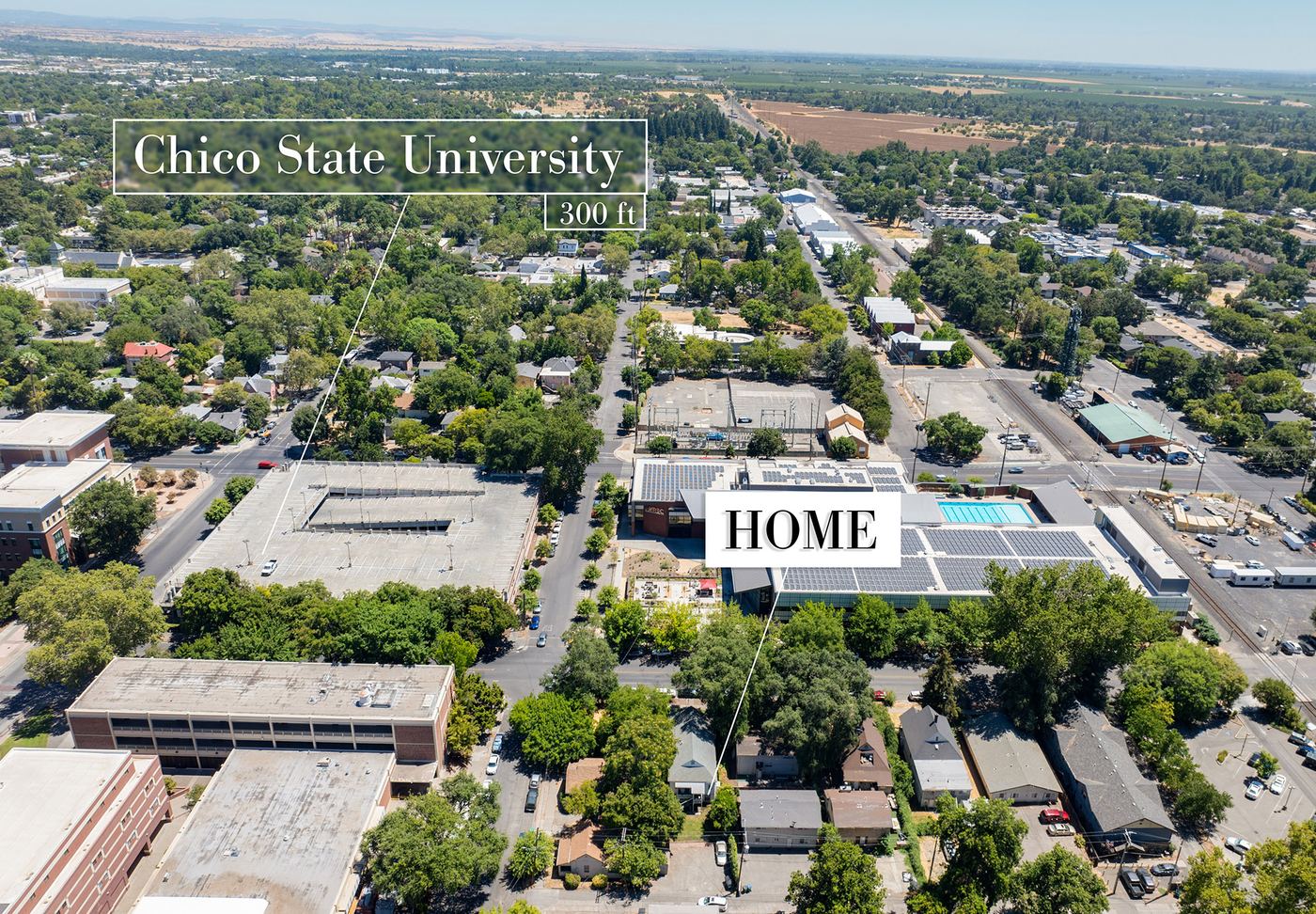 Aerial view showing 812 House roughly 300 feet from Chico State campus