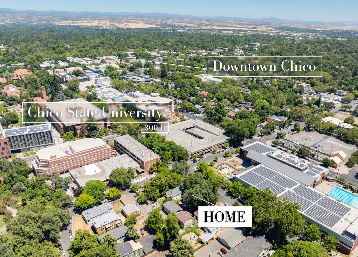 Aerial view showing downtown Chico a few blocks from 812 House