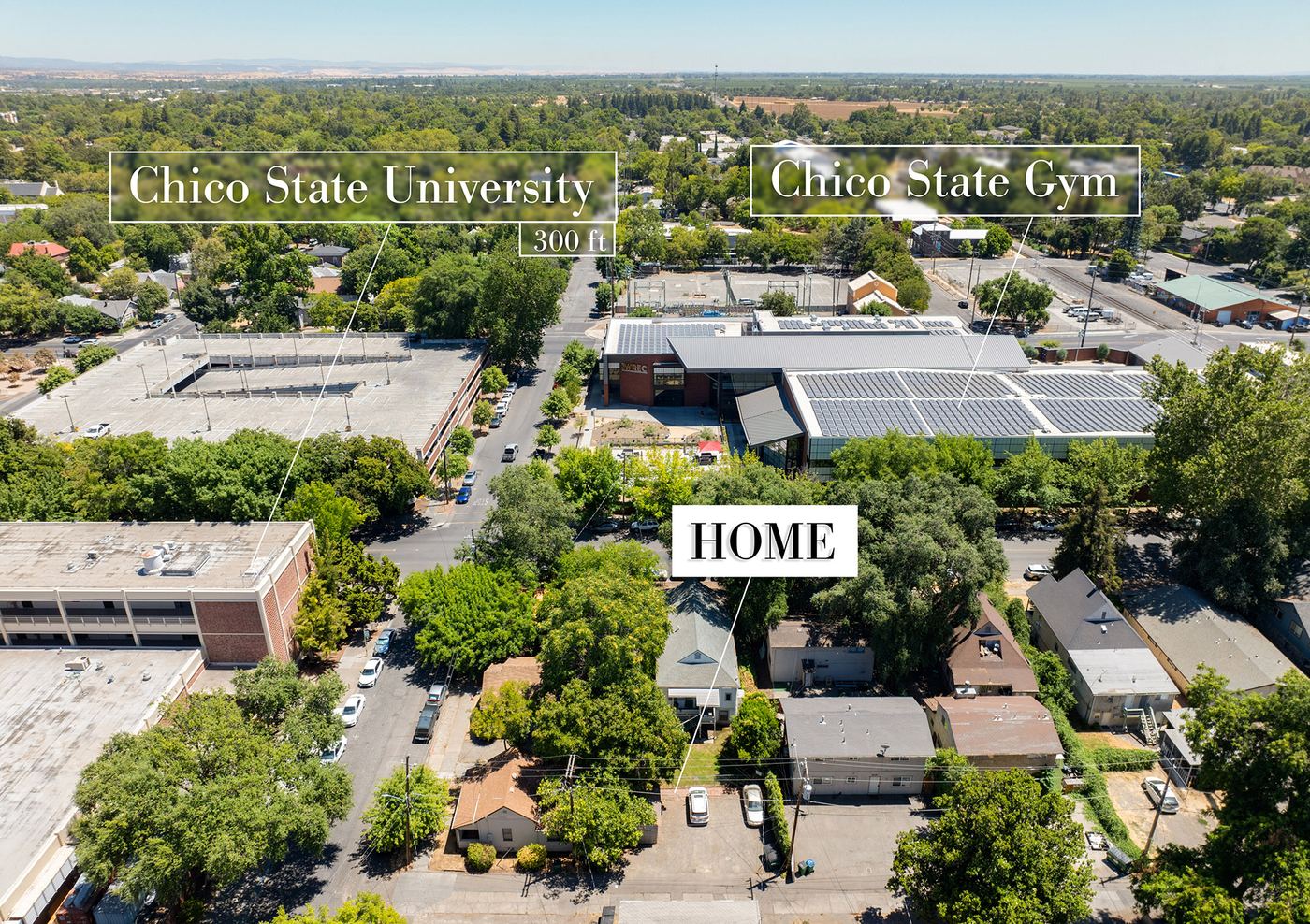 Aerial view showing 812 House across the street from the Chico State gym and WREC